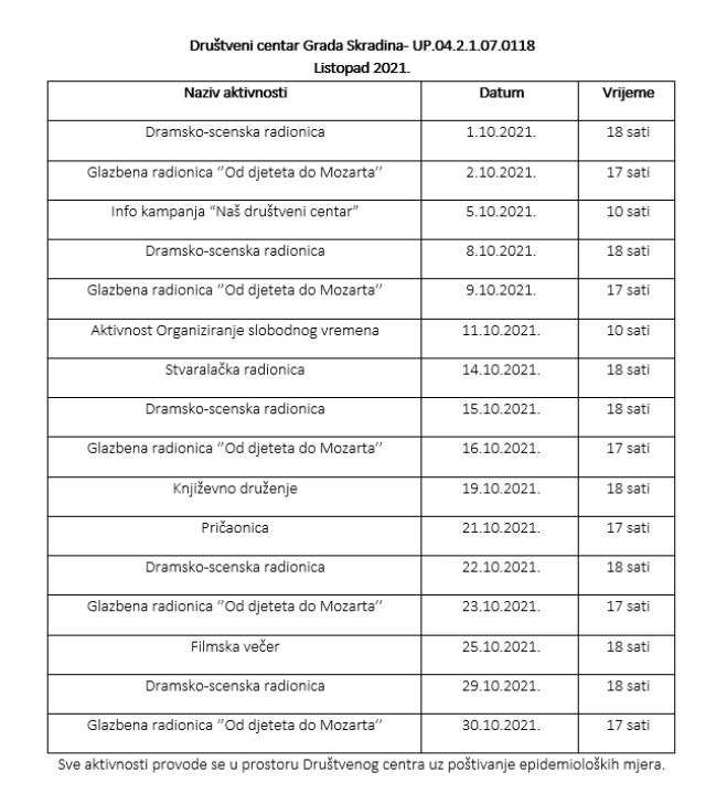 Zanimljive radionice očekuju vas i u listopadu u Društvenom centru Grada Skradina! 