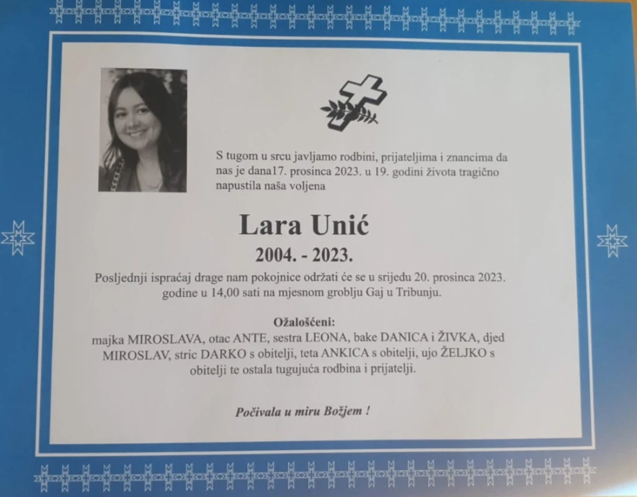 Pogreb Lare Unić održat će se u srijedu na mjesnom groblju Gaj u Tribunju