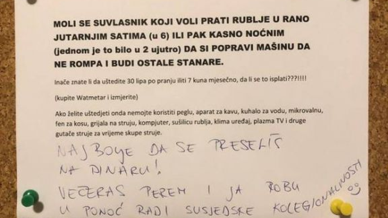Zbog pranja rublja posvađali se na oglasnoj ploči: 'Prat ću rublje u ponoć; Preseli se na Dinaru'