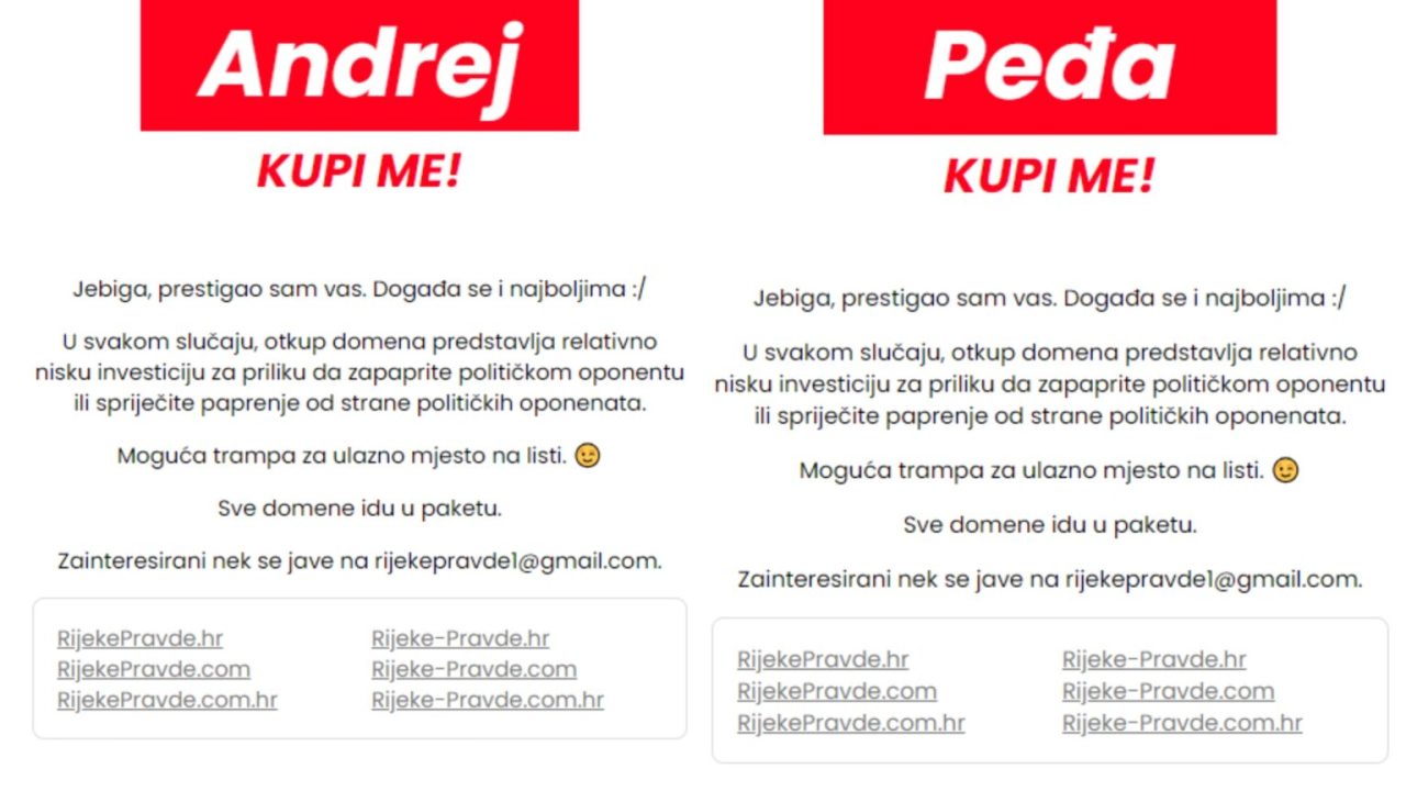 Netko je zakupio domenu rijekepravde.hr, nudi je Grbinu ili Plenkoviću za novac ili mjesto na listi